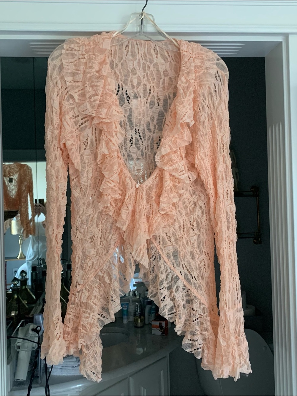 NWT, Free People Peach Lace Ruffle Open-Front Top M